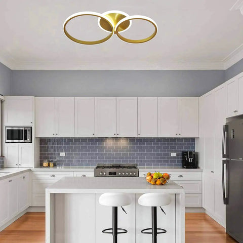 Modern LED Ceiling Light Flush Mount 106W With Six Ring Circle Design, Gold Acrylic Chandelier in a stylish kitchen setting