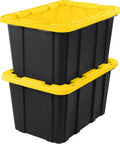 Six Pack Heavy Duty Stackable Industrial Totes Top Shelf Plastic Storage Bins With Secure Snap Lids Rock Solid Build For Garage Workshop And Warehouse Organization Black And Yellow, stacked bins.