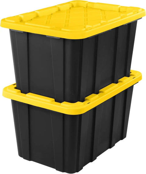 Six Pack Heavy Duty Stackable Industrial Totes Top Shelf Plastic Storage Bins With Secure Snap Lids Rock Solid Build For Garage Workshop And Warehouse Organization Black And Yellow, stacked bins.