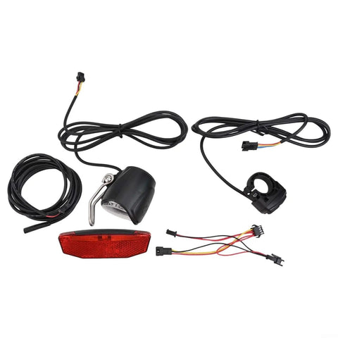 Premium Ebike Light Set Fits 12-72V Systems Includes Super Bright Front Headlamp And Rear Taillight For Night Riding Stability No Converter Needed Durable Build For All E Bike Models Out There, black wired ebike light kit with headlamp, taillight, and connectors