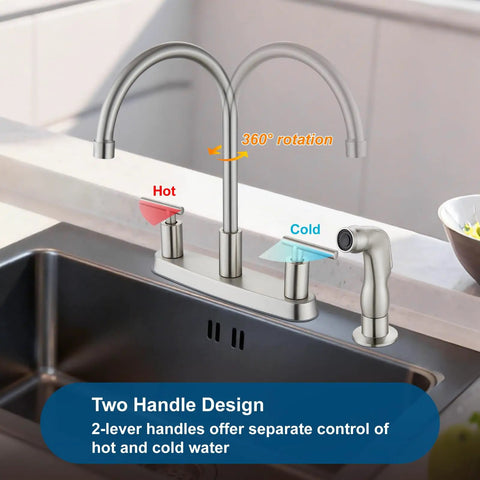 Heavy Duty Two Handle Kitchen Faucet With Pull Down Sprayer And Four Hole Deck Mount In Sleek Brushed Nickel Finish showing dual handles and sprayer.