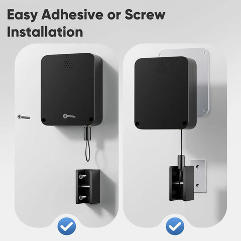 Installation options for Heavy Duty Retractable Automatic Door Closer With Anti Slam Buffer; easy adhesive or screw setup.