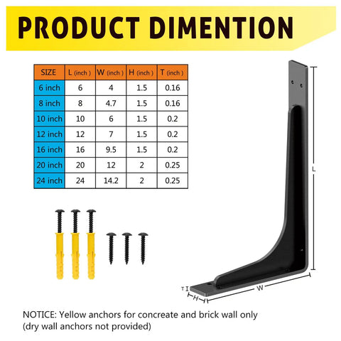 Dimensions chart and a side view of Beefy Heavy Duty 24 By 14 Inch L Shaped Shelf Brackets 300 Lb Load Capacity with screws and anchors.