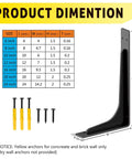 Product dimensions for Heavy Duty 10x6 Inch Shelf Brackets Set Of 4, shown with size chart and installation anchors