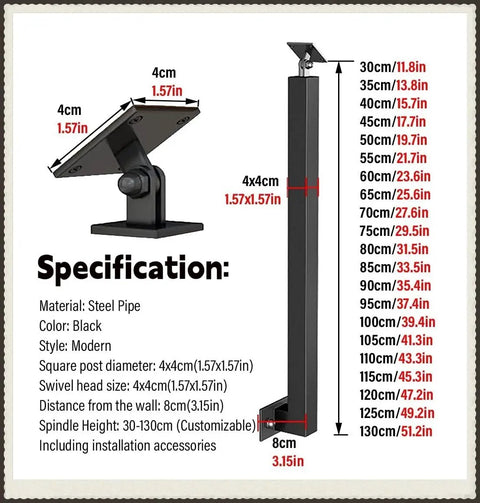 Tough As Nails Side Mount Stair Railings And Deck Balusters With Adjustable Angle Brackets Complete Hardware Kit specifications image showing black steel pipe dimensions.
