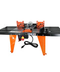 Total Game Changer Universal Benchtop Router Table With Premium Die Cast Aluminum Table Top Compatible With Any Router Up To Six Inch Base Plates For Tight Woodshop Grind, viewed from front showing power controls.