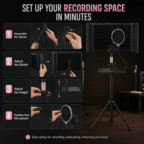 Step-by-step guide to assemble the 6 Panel Microphone Isolation Shield With Adjustable Metal Stand for Podcast Recording.
