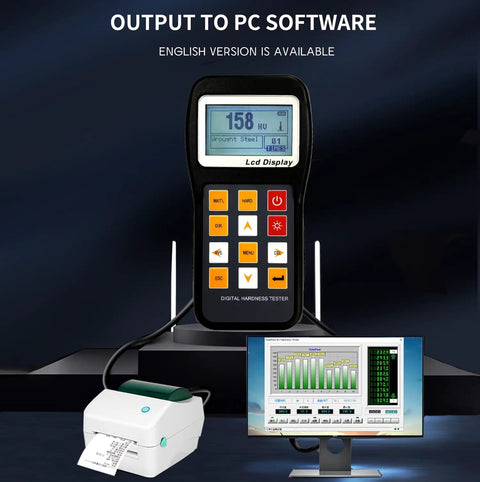 Portable Hardness Tester Handheld On The Go With Built In Printer Color Display And 600 Data Memory connected to PC software