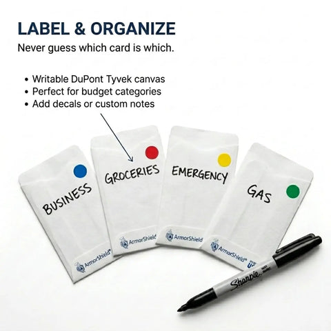 RFID Blocking Credit Card Sleeves For Wallet And Purse with writable surface, labeled for organization, marker included