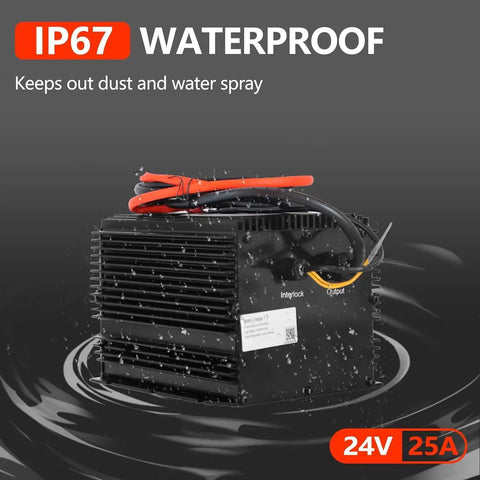 Heavy Duty Built Like A Tank 24V 25A Scissor Lift Battery Charger With Auto Shutoff And IP67 Waterproof Seal in water