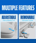 Multiple features of Top Tier White Plastic Elongated Toilet Seat Featuring Quick Release Hinges And Gentle Slow Close Design.