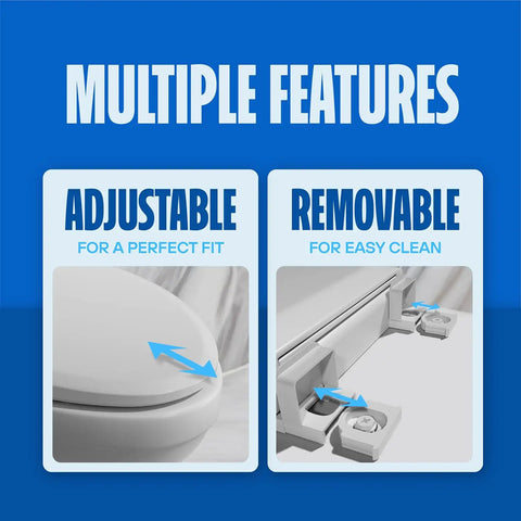 Multiple features of Top Tier White Plastic Elongated Toilet Seat Featuring Quick Release Hinges And Gentle Slow Close Design.
