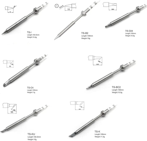 7 Piece Soldering Iron Tip Replacement Set For TS100 Portable Mini Outdoor Soldering Kit Includes diverse TS tips with dimensions.