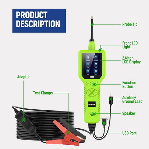 Ultimate Vehicle Electrical Tester With 2.4 Inch TFT Display 12V 24V Power Circuit Probe For Cars And Motorcycles Lets You Test Voltage Resistance Diodes Continuity Trailer Lights And Activate Vehicle Components On The Fly, showing labeled parts including probe tip and LED display.