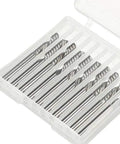 Ten Pack One Eighth Inch Shank End Mill One Flute Spiral Router Bits in plastic case, front view, for CNC milling and engraving