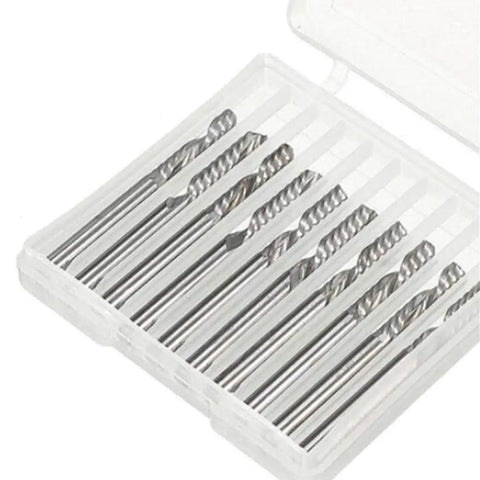 Ten Pack One Eighth Inch Shank End Mill One Flute Spiral Router Bits in plastic case, front view, for CNC milling and engraving