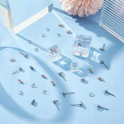300 Piece Ball Post Earring Stud Kit With Butterfly Backs And Open Jump Rings For DIY Jewelry Making In Non Tarnish Stainless Steel 304 Pro Quality Ball Stud Findings, silver parts