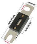 In Line ANL Fuse Holder For 0 2 4 Gauge AWG Cables With 250 Amp Fuse, No Terminal Blocks Needed, Durable Plastic Casing, Easy Wiring For Car Audio Power Distribution And Heavy Duty Amp Install. Black inline ANL fuse holder with metal terminals and size measurements shown.