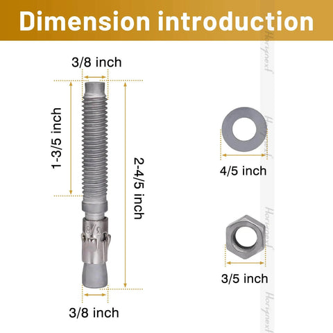 Dimensions of Three Eighths Inch Outer Diameter Concrete Anchor Bolts Set With Washer And Nut, Galvanized Carbon Steel Wedge Anchors