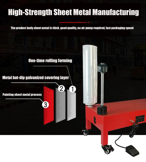 Built Like A Tank Electric Stretch Film Wrapper With A Smooth Double Shaft Turntable Effortlessly Secures Pallets For Bustling Warehouses Quick Shipping Hubs And Heavy Industry Teams, showcasing the metal construction and roll.