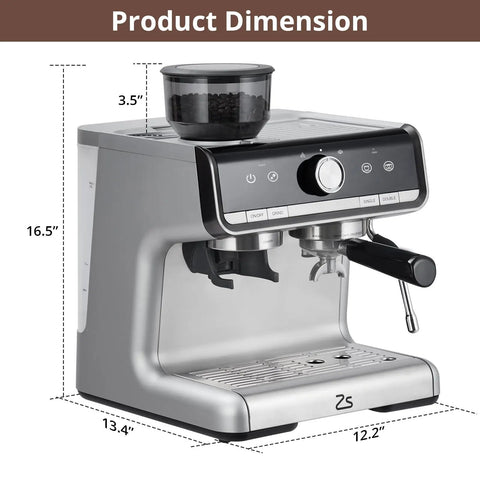 Next Level Espresso Machine With Built In Conical Burr Grinder And Rotating Steam Wand dimensions showing height 16.5 inches and width 13.4 inches.
