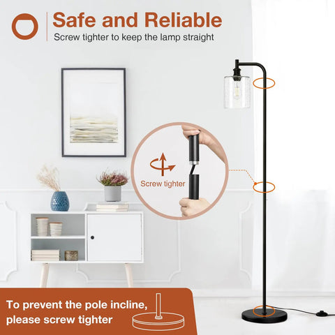 Illustration of Modern Black Floor Lamp with Seeded Glass Shade showing assembly in a living room, emphasizing safety and tightening.