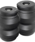 Angled view of two FLOVENTIS rubber suspension bushings with metal center insert, black