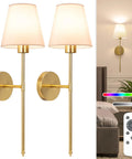 Gold Wireless Wall Sconces Set Of Two With Rechargeable Led Lights Remote Dimmable Switch Ten Adjustable Color Modes, elegant design.