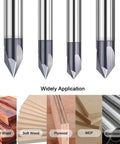 Front view of ASNOMY 4-piece carbide chamfer router bits, V-groove 60/90 degree, 3-flute CNC milling bits for engraving