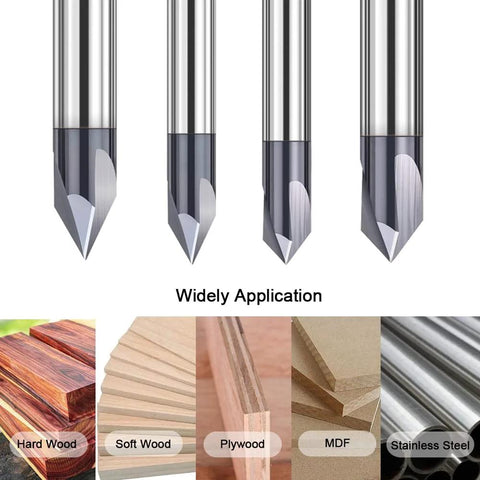 Front view of ASNOMY 4-piece carbide chamfer router bits, V-groove 60/90 degree, 3-flute CNC milling bits for engraving