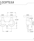 Diagram of Old School Vintage Leg Tub Filler With Cross Handle In Polished Chrome For Wall Mount Clawfoot Tubs, dimensions labeled.