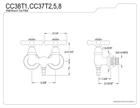 Diagram of Old School Vintage Leg Tub Filler With Cross Handle In Polished Chrome For Wall Mount Clawfoot Tubs, dimensions labeled.