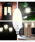 Six Pack Dusk To Dawn LED Bulbs With Smart Light Sensor E12 Candelabra Base 6W Consumption 65W Equivalent in various outdoor and indoor settings