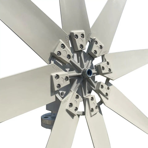 Close-up of Beefy 12000W Wind Turbine Generator with 8 blade windmill and durable aluminum rotor for off grid residential use.
