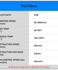 PLA Glow filament settings chart including flow rate, printing and nozzle temperatures, for Glow In The Dark Multicolor Fast Change 3D Printer PLA Filament Bundle.
