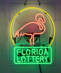 Florida Lottery neon sign featuring a pink flamingo and green text for bars, home decor, or storefront vibes