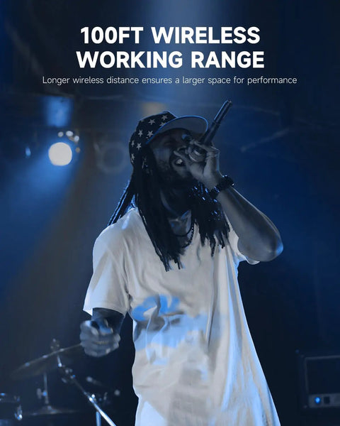 Performer on stage with Wireless XLR Microphone Transmitter And Receiver Kit For Pro Gigs 2.4GHz Plug-On Wireless Mic Adapter.