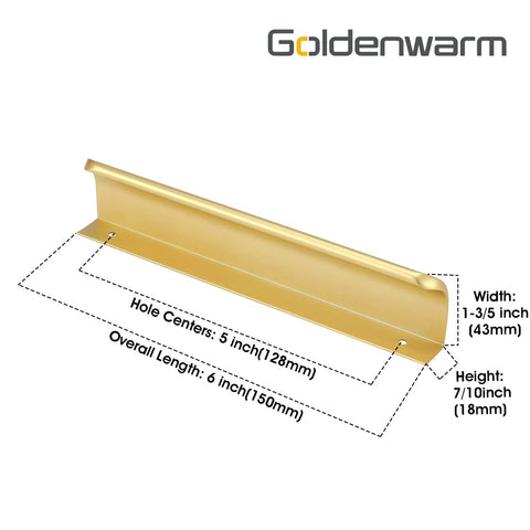 Diagram of 10 Pack 5 Inch Matte Gold Finger Pulls for Cabinets and Drawers with measurements and brushed brass finish.