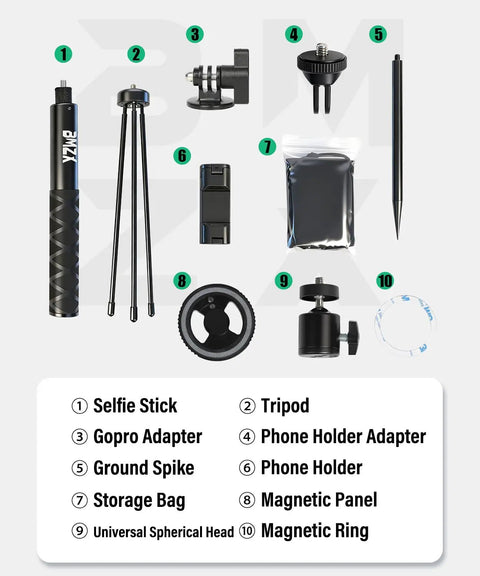 Golf Tripod And Selfie Stick Kit components including metal tripod, magnetic phone holder, ground spike, carry bag, and adapters