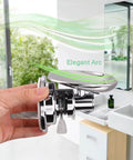 Hand holding Powerful Suction Cup Soap Dish for Shower and Kitchen No Drill Mount, chrome arc design visible