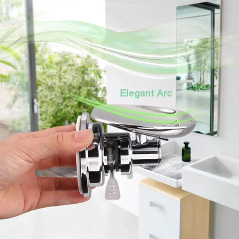 Hand holding Powerful Suction Cup Soap Dish for Shower and Kitchen No Drill Mount, chrome arc design visible