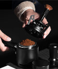 Rotary Espresso WDT Tool Set With Precision Dosing Funnel And Upright Stand To Kick Hard Pack To The Curb And Nail Your Pull Shots For Home Brew Junkies Seeking Ridiculously Smooth Distribution Daily, showing hands using the tool above coffee grounds.