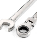 Close-up of 12 Piece Ratchet Spanner Set With 180 Degree Pivoting Head For Tight Spaces, Universal Key Wrenches, chrome vanadium steel