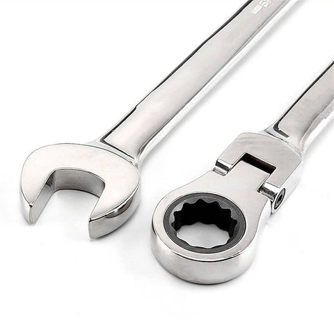 Close-up of 12 Piece Ratchet Spanner Set With 180 Degree Pivoting Head For Tight Spaces, Universal Key Wrenches, chrome vanadium steel