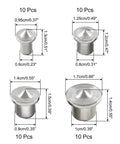 Dowel And Tenon Center Transfer Plugs Set 40 Piece Pro Grade For DIY Woodworkers In Four Sizes showing detailed measurements.