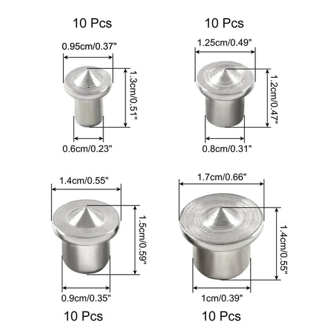 Dowel And Tenon Center Transfer Plugs Set 40 Piece Pro Grade For DIY Woodworkers In Four Sizes showing detailed measurements.