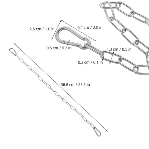 Chain Link Gate Latch with Double Carabiner Ends Stainless Steel with measurements, showing heavy duty link design.