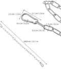 Stainless Steel Chain Gate Latch with Dual Carabiner Ends showing dimensions and details, ideal for outdoor security.