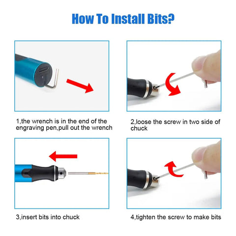 Instructions for installing bits on 3 Speed Cordless Mini Drill Pen Kit With 10 Drill Bits Rechargeable Electric Hand Drill Pin Vise