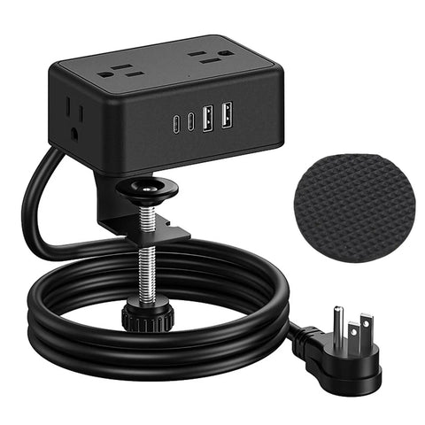 Desk Clamp Power Strip Eight In One Charging Station With Four Ac Outlets And Four Usb Ports Including Two Usb C Fast Charge, top view with cable.